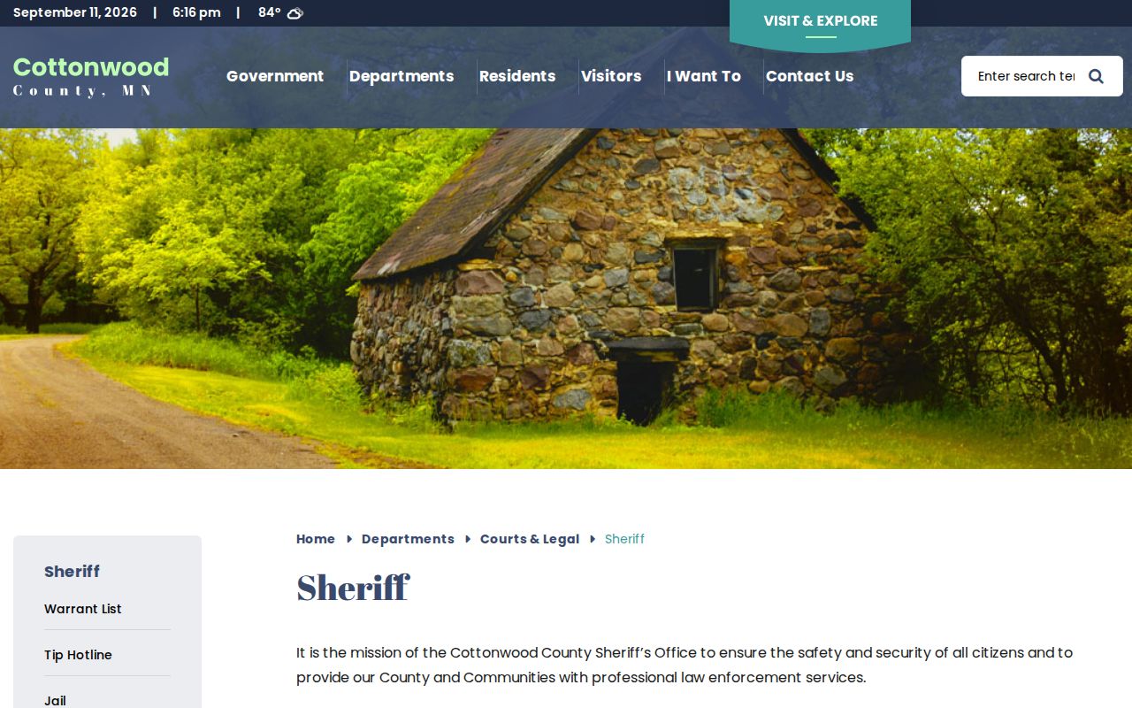Cottonwood County outstanding warrant list linked from the sheriff's department page