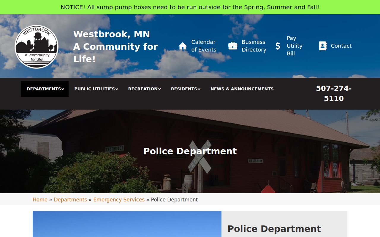 Westbrook Police Department page used for Cottonwood County warrant checks