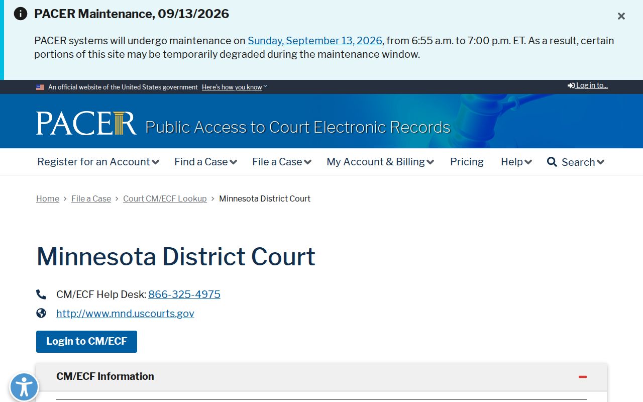 Cottonwood County warrant lookup showing the federal PACER district interface