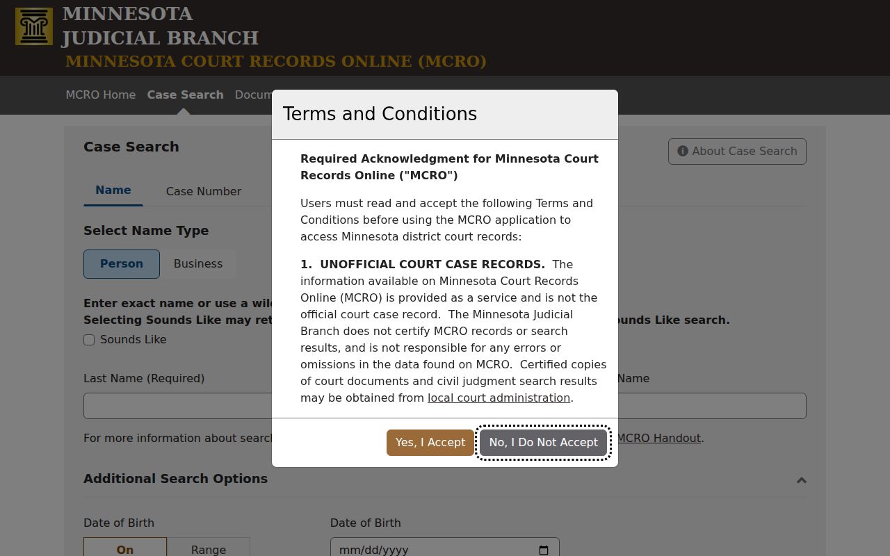 Cottonwood County warrant records lookup showing statewide court case search tabs